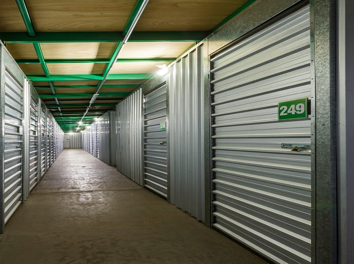 Corredor de boxes da Estoque Aqui com porta nº 249, estrutura metálica e vigas verdes institucionais