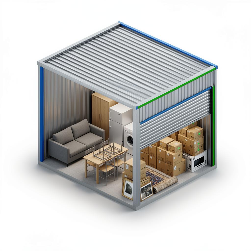 Ilustração do box Médio (9 a 16,5 m²) — porta metálica de self storage
